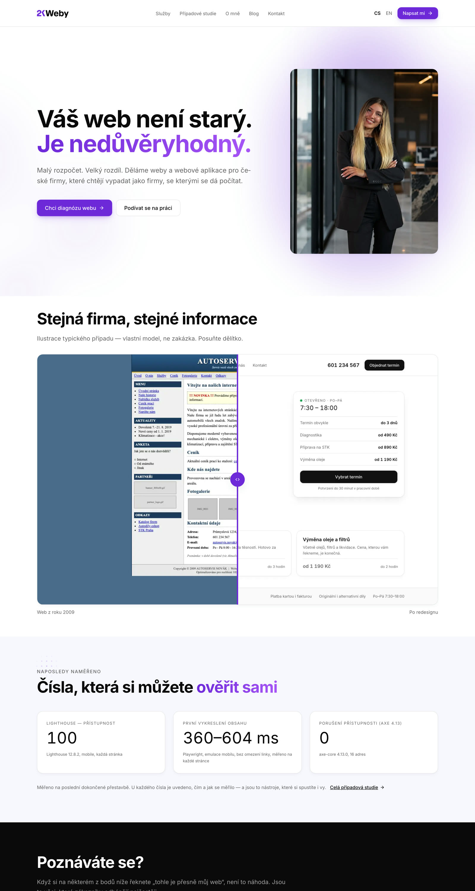 2kweby.cz home page with a before/after comparison