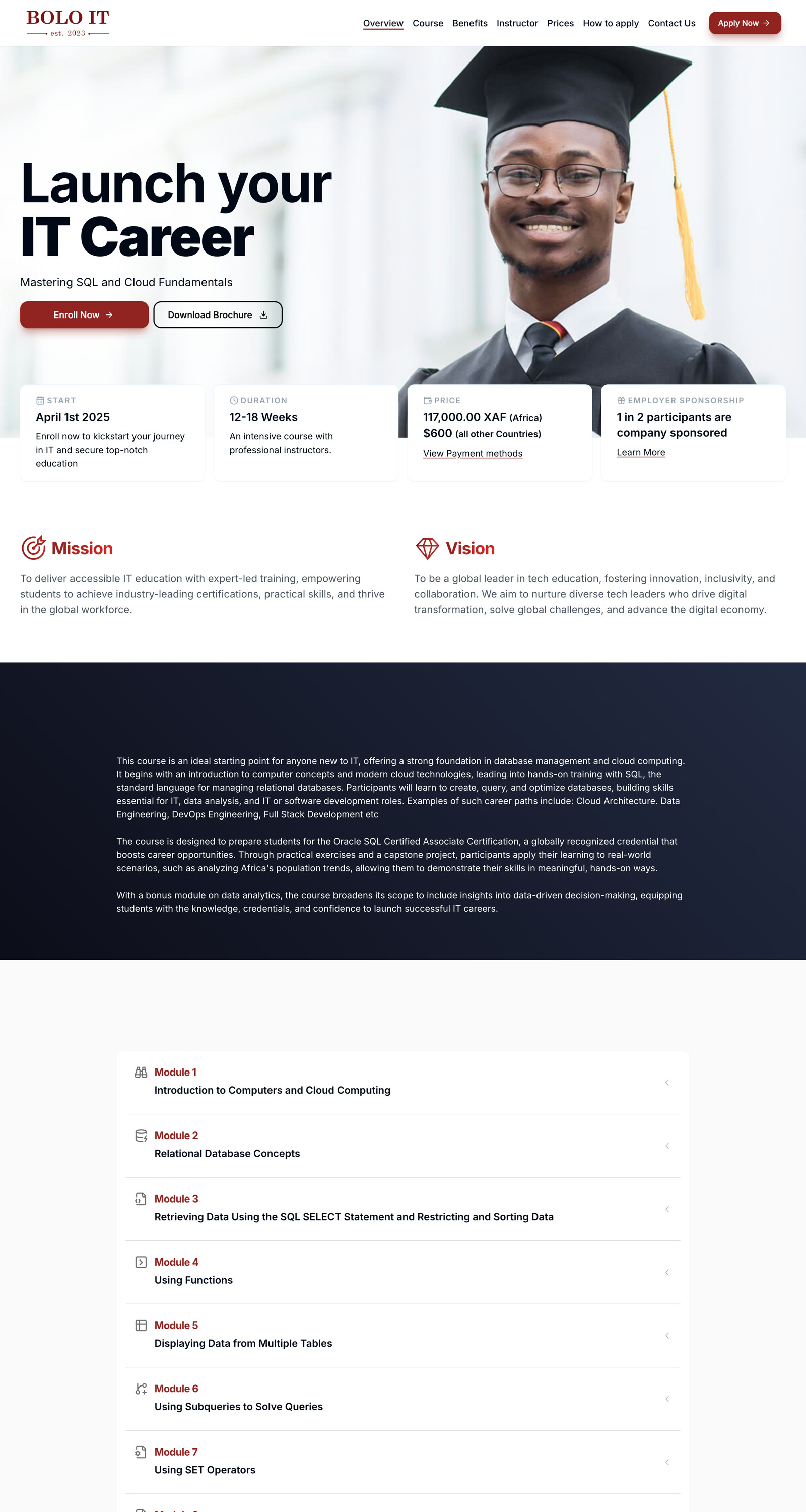BOLO IT landing: program, modules and enrollment